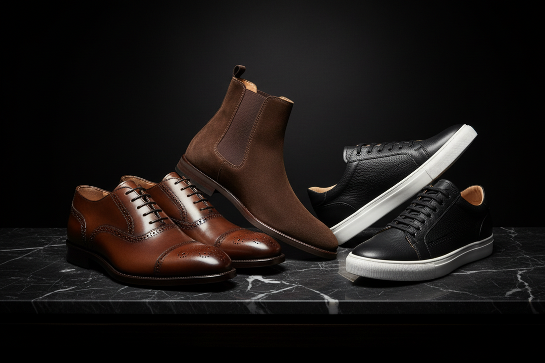 Premium men's shoes collection — leather Oxford dress shoes, sneakers and Chelsea boots arranged on dark marble surface. Shop men's footwear at Solexis.