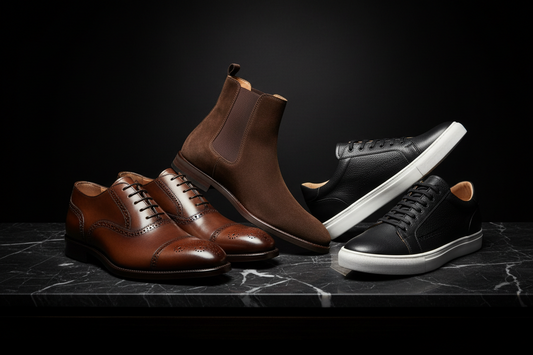 Premium men's shoes collection — leather Oxford dress shoes, sneakers and Chelsea boots arranged on dark marble surface. Shop men's footwear at Solexis.