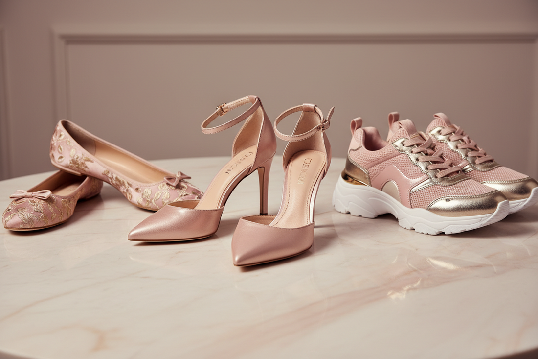 Premium women's shoes collection — elegant heels, ballet flats and stylish sneakers on marble surface. Shop women's footwear at Solexis.
